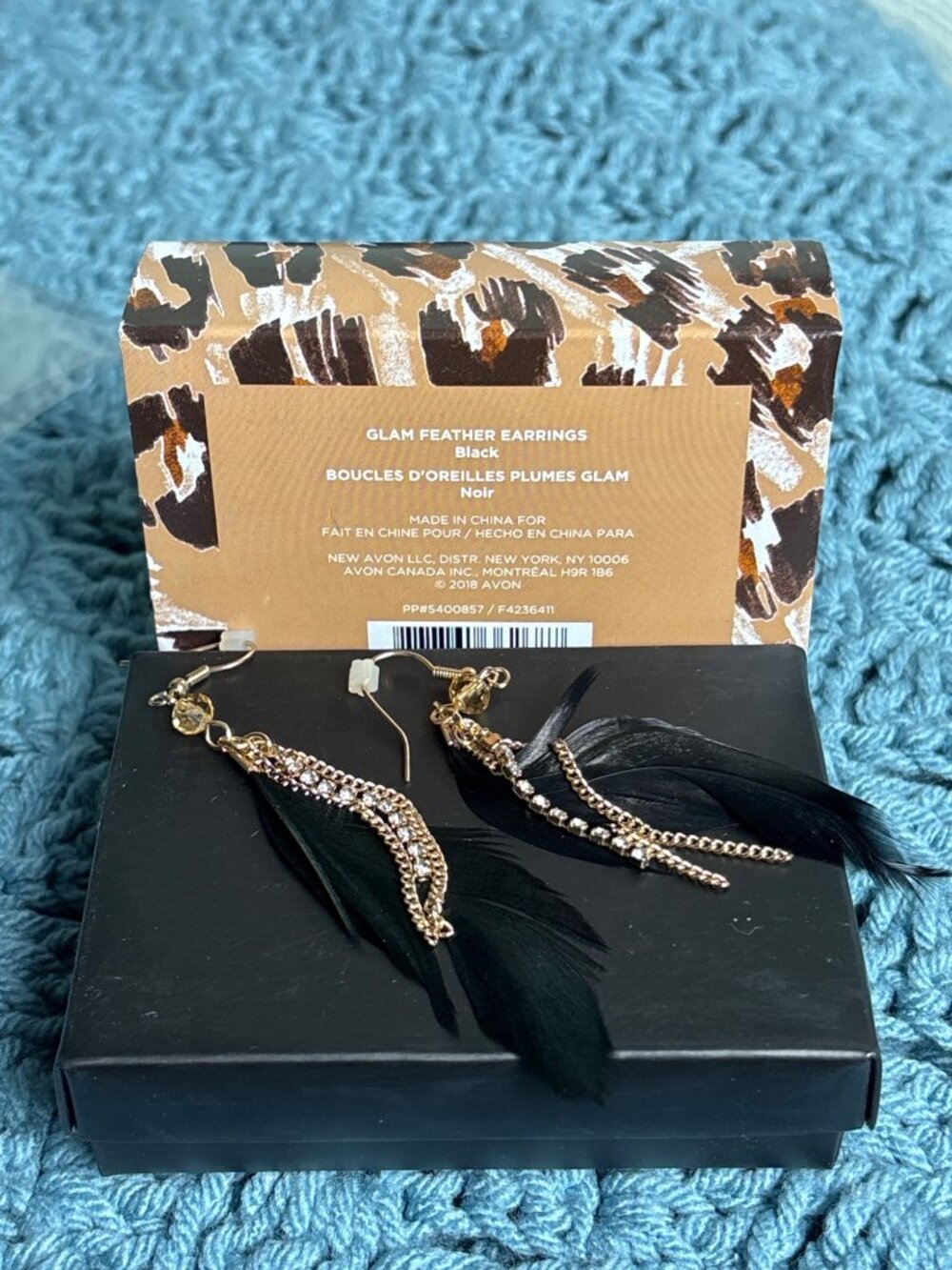 Avon Glam Feather Earrings Black New in Box